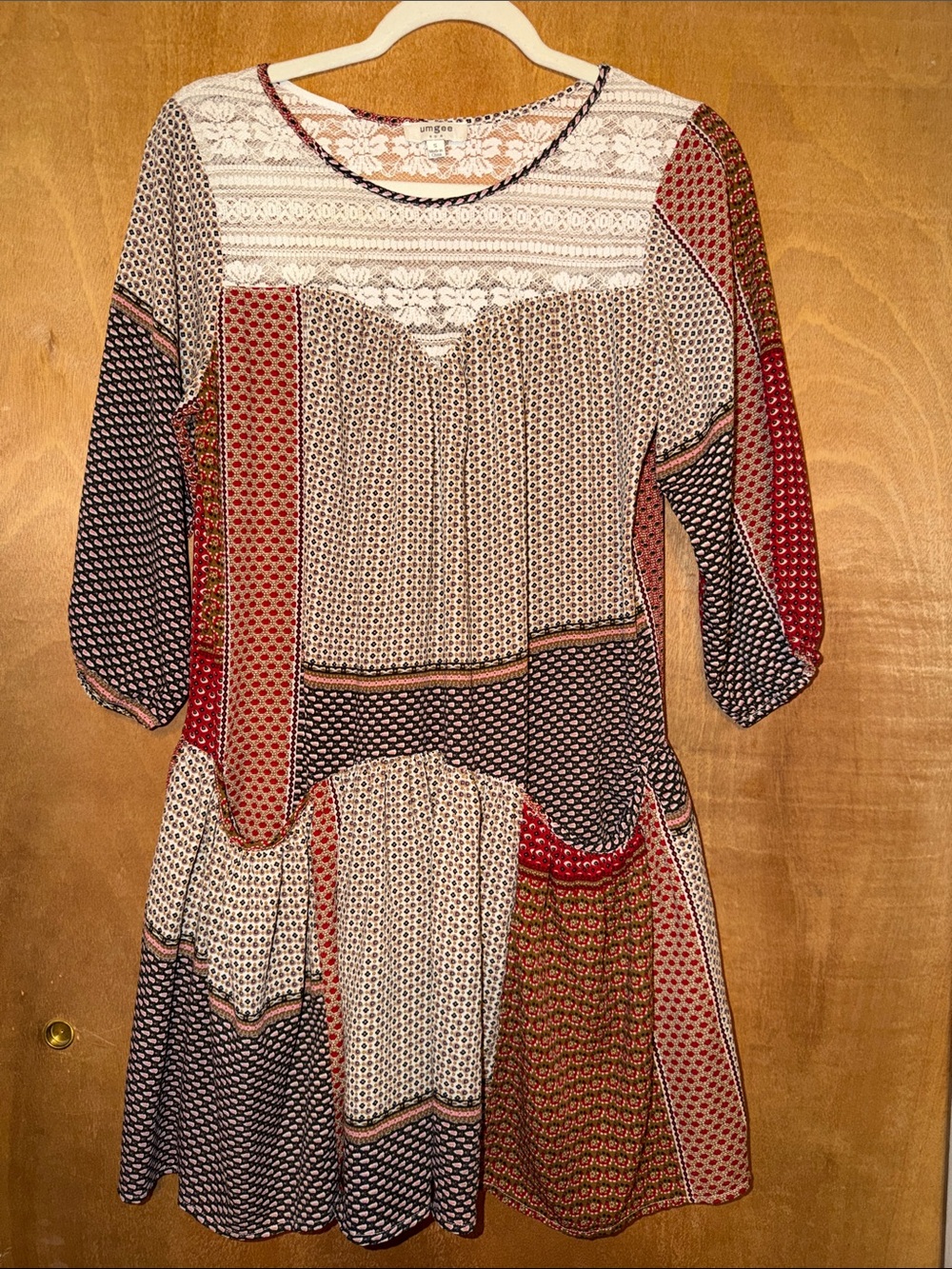 Umgee Mixed Patchwork Dress in Red, Navy & Cream